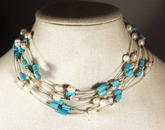 8 Sterling Silver Choker Necklaces Cultured Pearls And Turquoise 15' Long