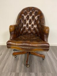 Mahogany Brown Leather Chesterfield Style Chair On Wheels