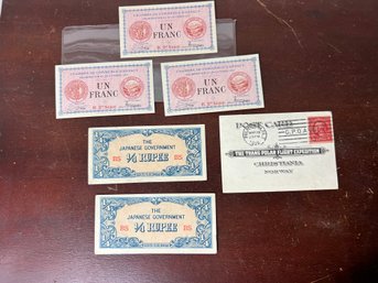 French 1917 Francs, 1924 Trans-Polar Flight Expedition Postcard & 1942 Occupied Myanmar Rupees