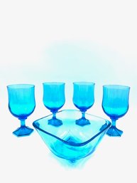 Set Of 4 Vintage Teal Wine Glasses & Nibbles Bowl