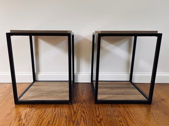 Side Tables With Tray Top Shelves And Matte Black Metal Frame- A Pair