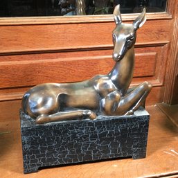 Large Decorative Statue Of Deer With Bronze Finish Mounted On Distressed Painted Base - Nice Decorator Item
