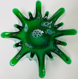 Vintage Murano Art Glass Bowl - Green Millefiori Splatter - Case Glass - 10.5 Inches Diameter