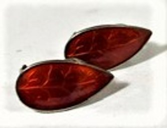 Vintage Red Sterling Silver Enamel Leaf Form Earrings Ear Clips