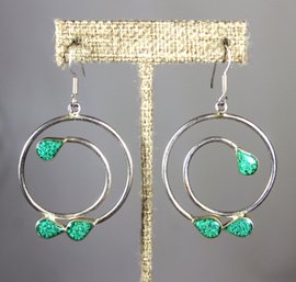 Pair Large Silver Tone Pierced Earrings Green And Black Stone Inlay