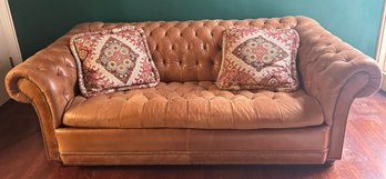 Chesterfield Genuine Leather Full Size Sofa Bed With 2 Throw Pillows