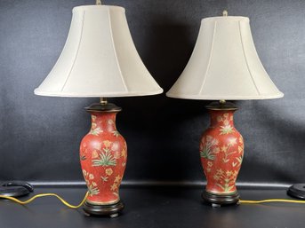 A Striking Pair Of Table Lamps With Red Ceramic Bodies & Deluxe Bell Shades