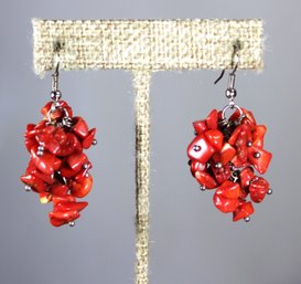 Fine Vintage Silver And Coral Beaded Pierced Earrings