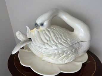 Vintage Swan Tureen With Ladle & Lily Pad Base Platter