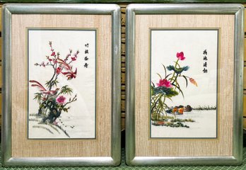 A Pair Of Vintage Hand Embroidered Silk Chinese Framed Panels