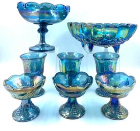 Incredible 8 Pc Collection Of Vintage Cobalt Blue Carnival Glass- Blue Garland & Harvest Blue Carnival Glass