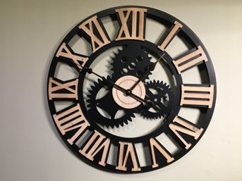 Very Nice Large Wall Clock With Wooden Roman Numerals - Brand New Battery - Works Perfectly - Nice Clock !