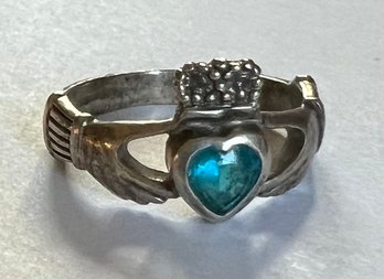 STERLING SILVER BLUE STONE CLADDAUGH RING