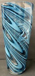Vintage Art Glass Large Vase - Blue Clear Swirl -12.25 Inches H X 5.25 Opening