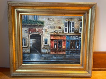 Signed Oil On Canvas Of French Store Fronts