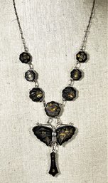 Very Fine Antique Japanese Damascene Sterling Silver Necklace Having Butterfly