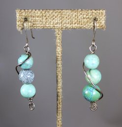 Fine Sivler And Turquoise Beaded Pierced Earrings