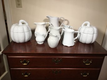 Very Nice Group Of White Ironstone Pitchers PLUS Two White Porcelain Pumpkins - Great Lot - All In Good Shape