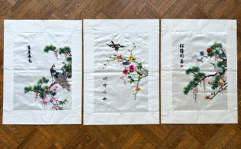 A Trio Of Chinese Needlepoint Panels On Silk