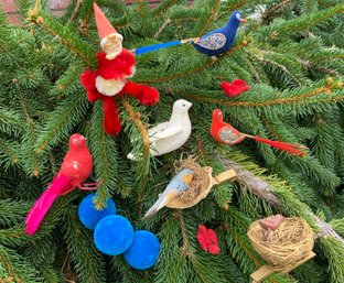 Vintage Flocked Fuzzy Bird Christmas Ornaments & Chenille Santa