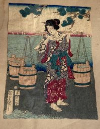 ANTIQUE EDO PERIOD JAPANESE WOODBLOCK #1 OF 6- Geisha Carrying Water Buckets