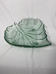 Vintage Light Green Glass 3 Footed Leaf Console Bowl