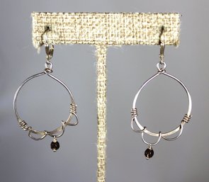 Pair Sterling Silver Hoop Pierced Earrings Having Smoky Quartz Stones