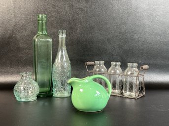 A Nice Grouping Of Farmhouse Accent Items: Vintage Green Pitcher, Decorative Bottles & More