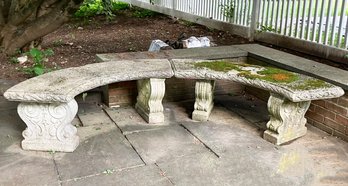 A Pair Of Vintage Cast Stone Garden Benches - Together A Beautiful Demi-Lune