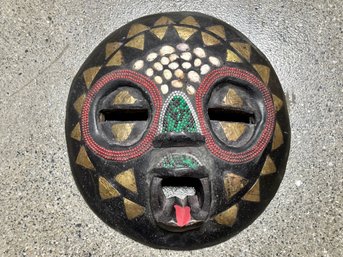 Vintage African Carved Wood Beaded Mask With Brass Inlay