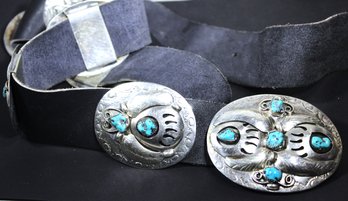 Signed Contemporary Silver Tone And Genuine Turquoise Bear Claw Belt And Buckle
