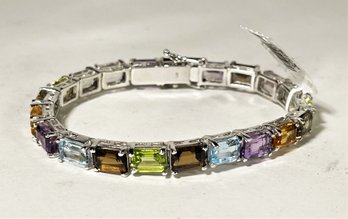 Fine Contemporary Sterling Silver Gemstone Bracelet Topaz Blue And Brown, Peridot And Amethyst 7'
