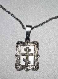 Lovely Sterling And Mother Of Pearl Orthodox Cross Pendant Necklace