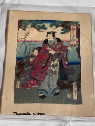 Late Edo Period Japanese Signed TOYOSADA Woodblock- Empress With Attendant