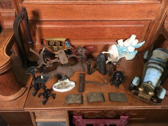 Interesting Grouping Of Antique Metal Items - Doorstop - Old Sad Irons - Washboard - Tree Stand - Scale & More