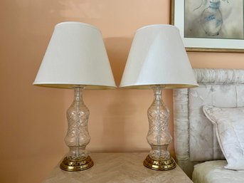 Pair Of Cut Crystal Table Lamps With Brass Bases