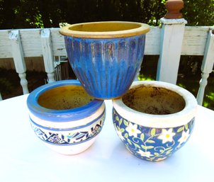 3 Blue Asian Ceramic Planters