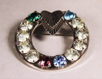 Vintage Sterling Silver Round Brooch Having Colorful Stones