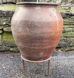 A Large Antique Glazed Earthenware Vessel On Custom Metal Stand