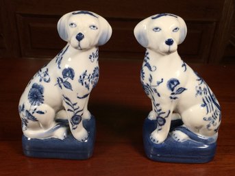 Very Nice Pair Blue & White Porcelain Dog Statues / Bombay Company - $40 Each 25 Years Ago - Opposing L & R