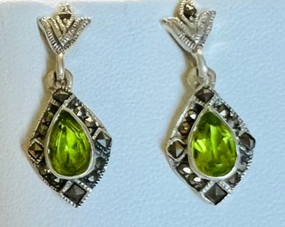 VINTAGE PERIDOT STERLING SILVER & MARCASITE DANGLE EARRINGS