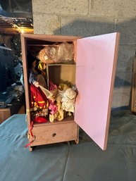 Wooden Doll Cabinet With Dolls