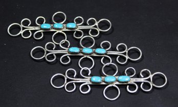 Three Large Vintage Silver Tone And Genuine Turquoise Large Brooches