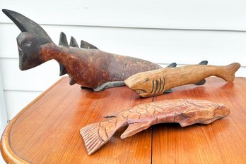 Antique Carved Wood Fish Sculptures - Likely Japanese