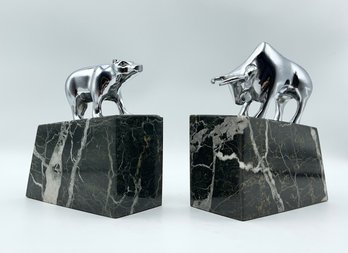 Pair Of Chrome And Marble Bull And Bear Bookends