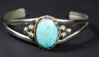 Vintage Silver Tone Southwestern Cuff Bracelet Having Turquoise Stone