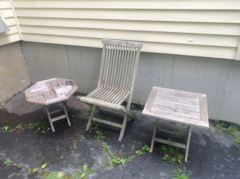 Three Piece Teak Patio Furniture Two Side Tables And A Fold Chair