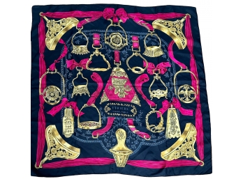 Authentic  Paris France Hermes Foulard 'Etriers' 36' Squared Silk Scarf No Issues