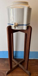 Vintage Stoneware Water Dispenser On Wood Stand By Springwell Dispensers, Georgia
