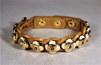 Leather Having Gold Tone Pink Enamel Flowers Bracelet